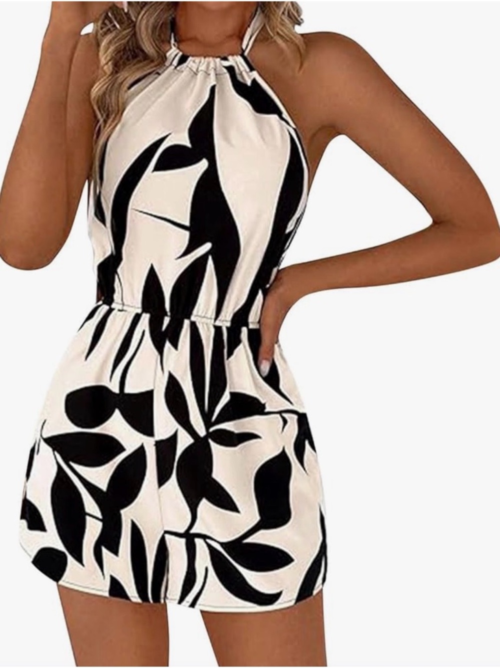 Sleeveless Halter Black & White Leaf Print Romper